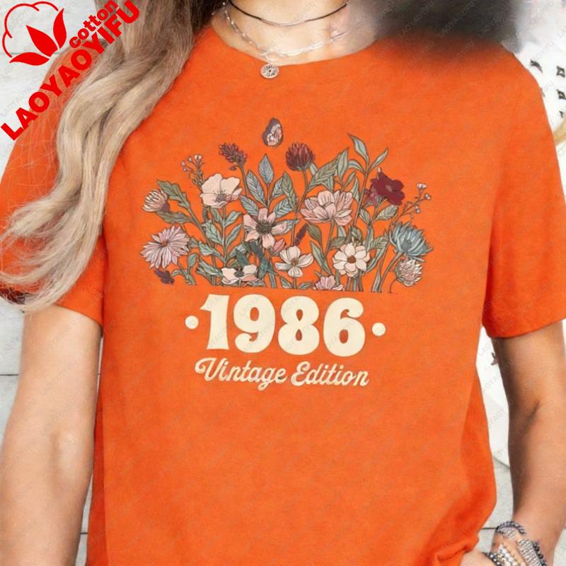 40th Birthday Shirt Flower 1986 Birth Year Number For Wounisex Graphic Tshirt Turning 40 Plus Gift Crewneck Shortsleev Tops