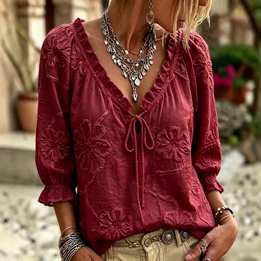 Damen Bluse mit Stickerei und Rüschen V-Ausschnitt