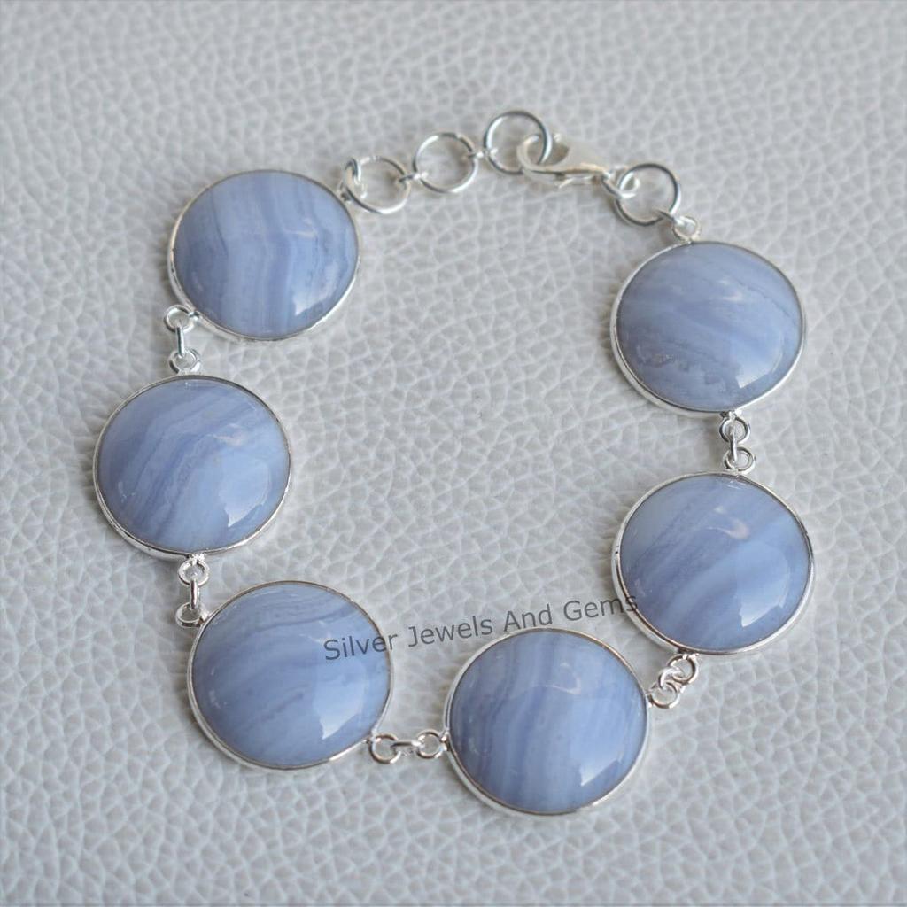 Blue Lace Agate Bracelet, 925 Sterling Silver Bezel Bracelet, Wedding Gift, Round Agate Bracelet, Handmade Bracelet, Gift for her