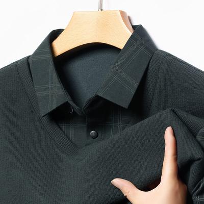 Autumn And Winter Fake Two-Piece Polo Shirt Long-Sleeved Men'S Business Casual Splicing Knitted Lapel T-Shirt