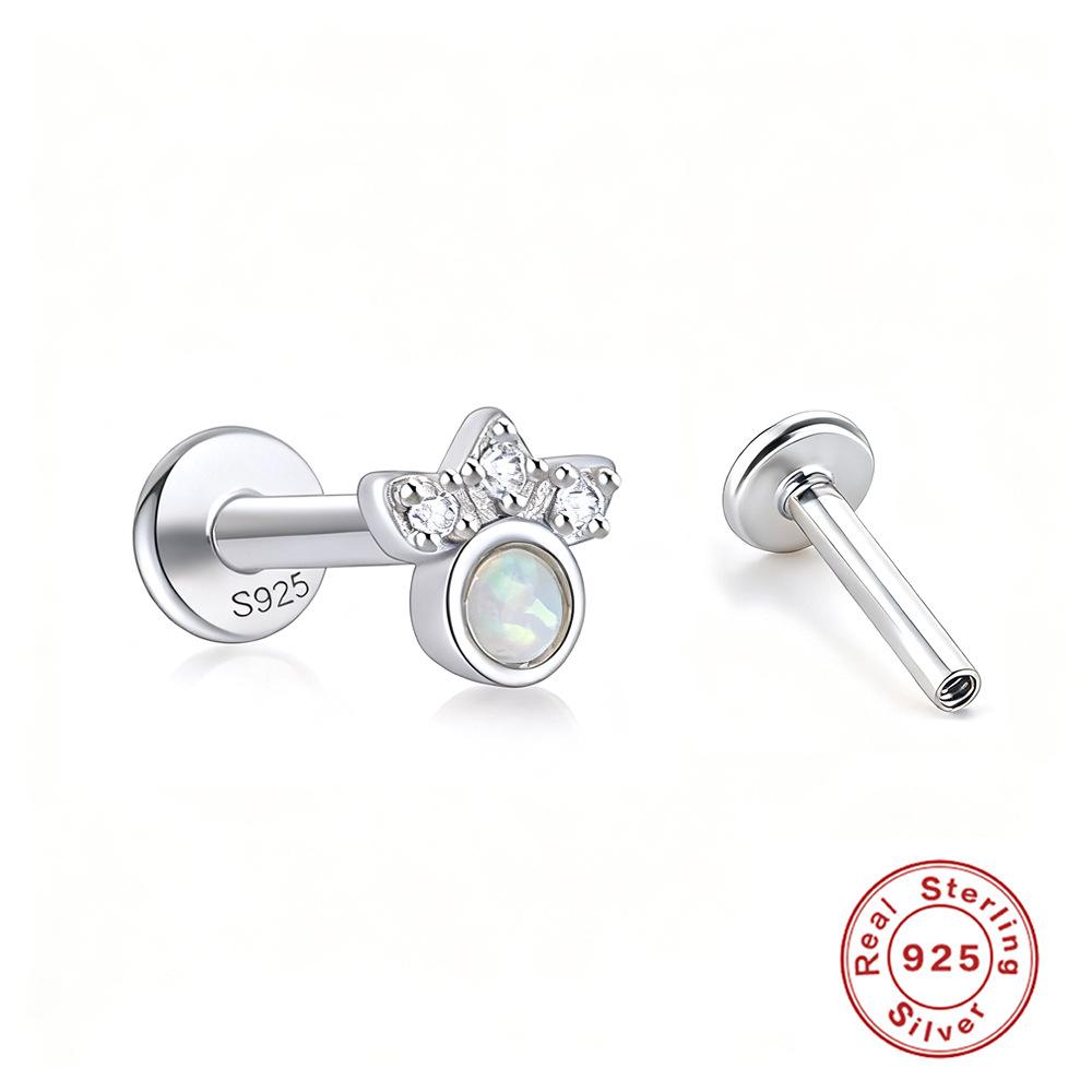 925 Sterling Silver Opal-Embedded Flat Back Threaded Cartilage Stud Earrings