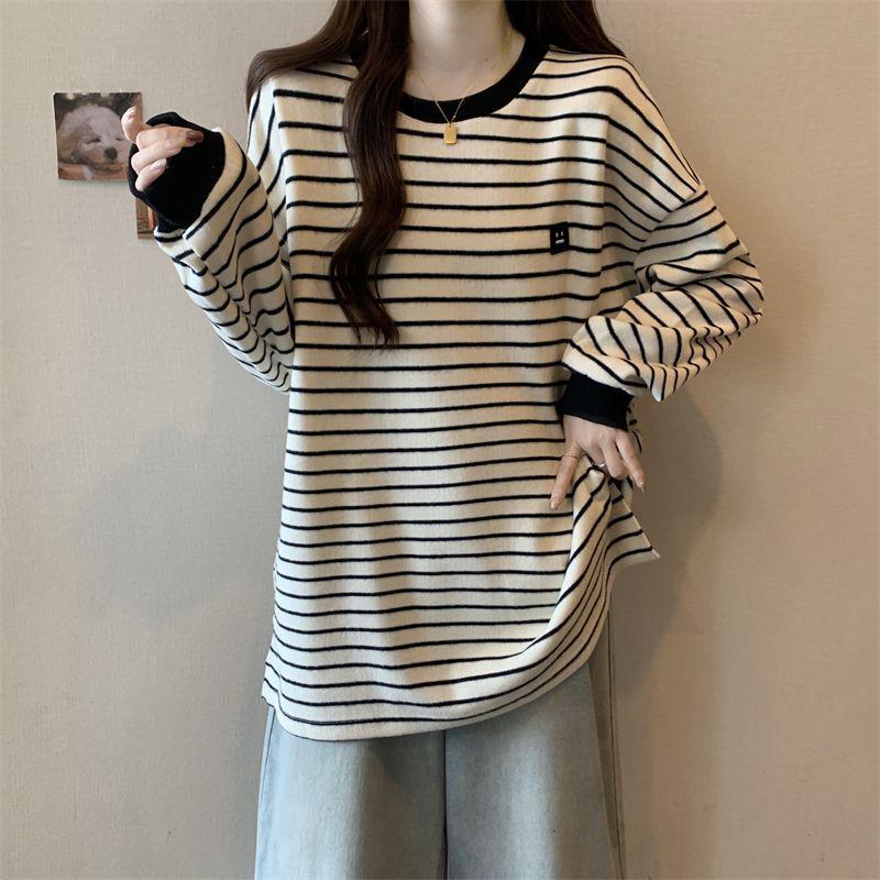 Women's Plus Size Striped Long Sleeve T-Shirt - 2025 Autumn/Winter Stylish Slimming Base Layer Top