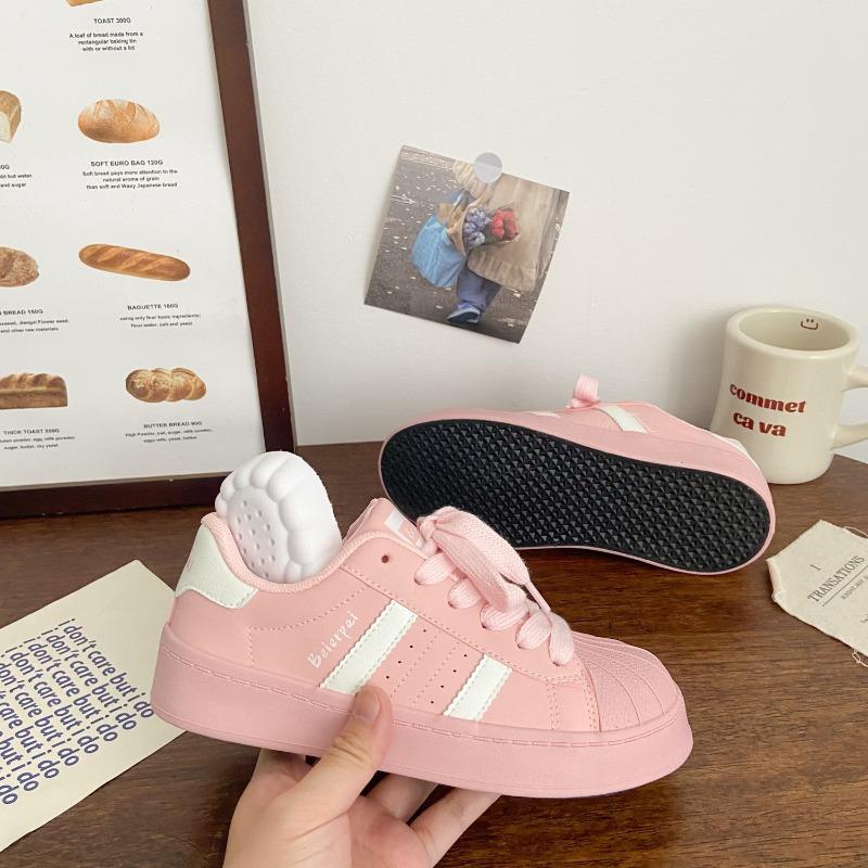 Pink thick baseplate shoes female shell head autumn niche low-top versatile sports little white shoes retro style