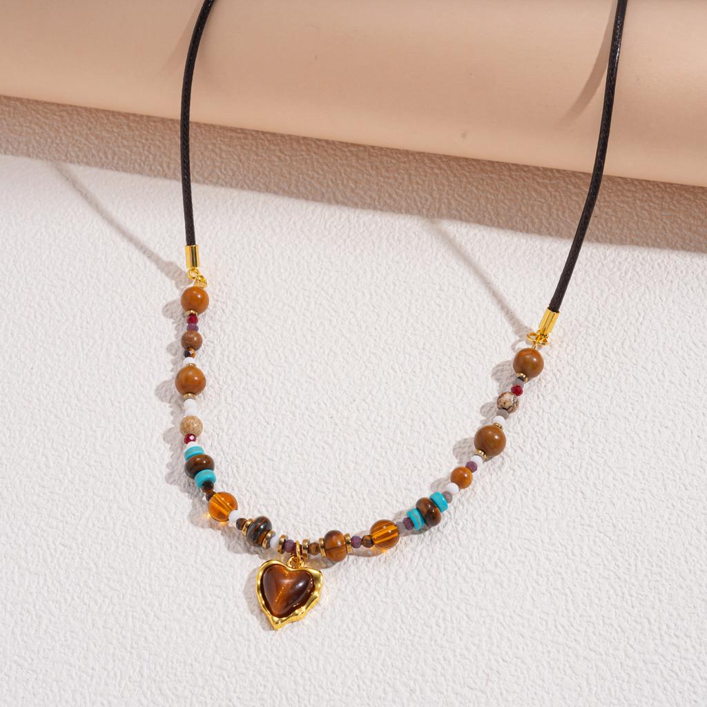 Tiger's Eye Beaded Love Mangstar Geometric Pendant Sweater Chain Maillard Wind Necklace