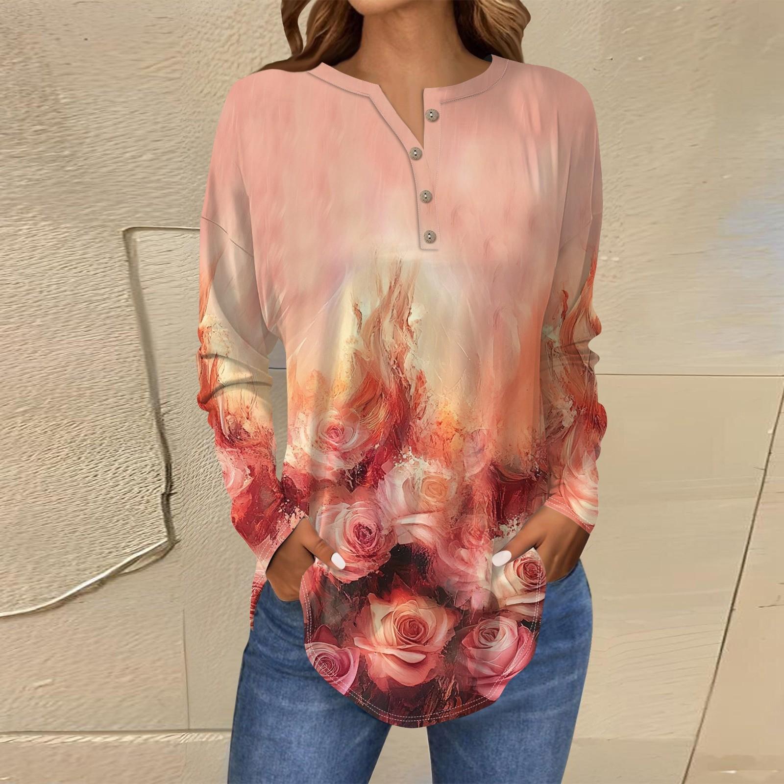 

Футболки для женщин, осенние повседневные рубашки с длинным рукавом на пуговицах, толстовка с винтажным принтом, топ, пуловер S красный