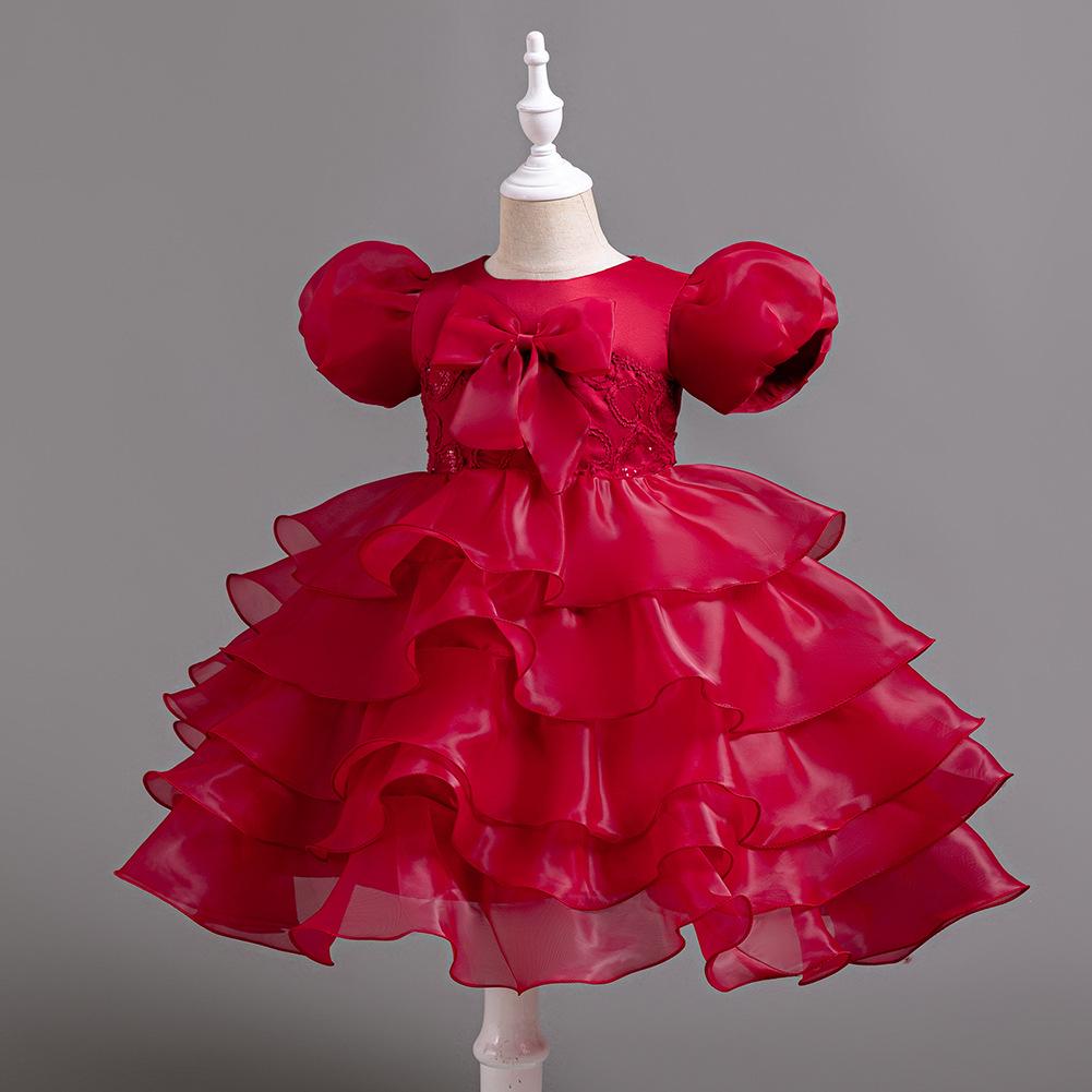 Girls Cake Dresses Bow Bubble Sleeve Princess Dress Walking Performance Halloween Flower Girl Party Dresses Dresses 8622  Girl's Favourite Dress