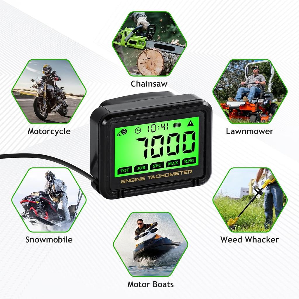 Digital Engine Tachometer & Hour Meter Mini Tach Gauge with Clip & Backlight Display Inductive for Gas Small Engine Lawn Mower RV Chainsaws Outboard