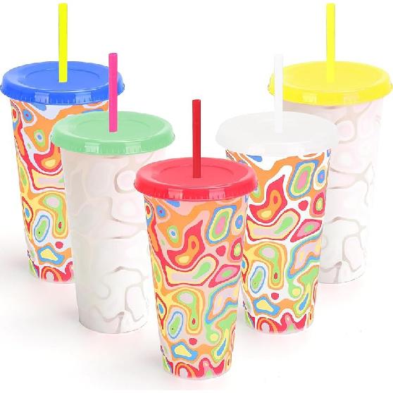Color Changing Cups, 5-Pack 24 oz Plastic Cups with Lids and Straws, Tumblers and Water Glasses for Adults, Kids Party, Cute Cups for Ice Drink