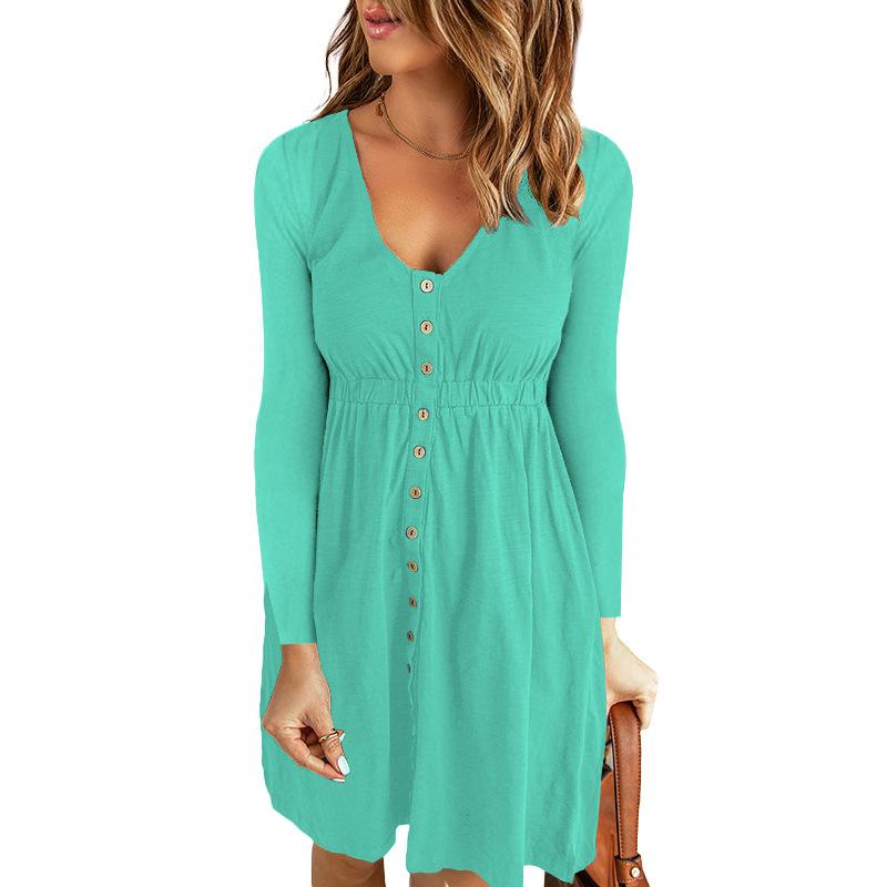 Women Dress Long Sleeve V-Neck Button Tunic Mid Dress Fashion Loose Solid  Knee-length Dress for Daily Office,Party