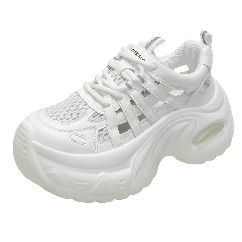 

Fashion 7CM Women Breathable Mesh Sports Sneakers Summer Casual Shoes Wedge Heels Comfortable Casual Footwear Hollow out Leather Sandals 34 белый