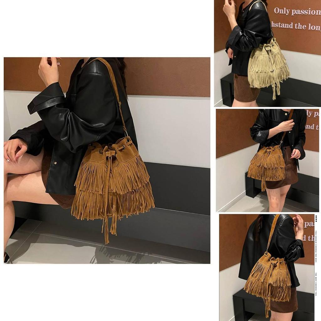 Pu Material Fringe Water Bucket Shoulder Bag With Zipper Pocket For Women