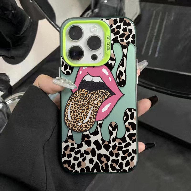 Red Lip Phone Case For iPhone 16 15 14 13 12 11 mini Pro Max X XR XS 8 7 Plus Anti Fall Matte Back Lip Leopard Print Cover