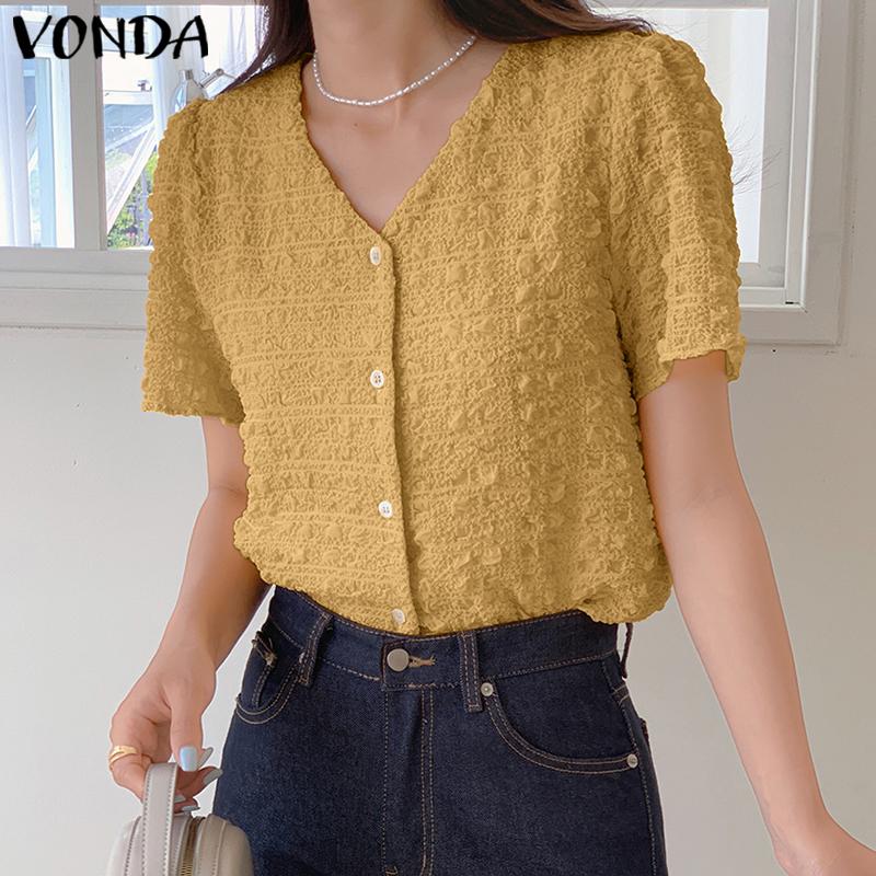 

VONDA Летние женские рубашки с v-образным вырезом и короткими пышными рукавами