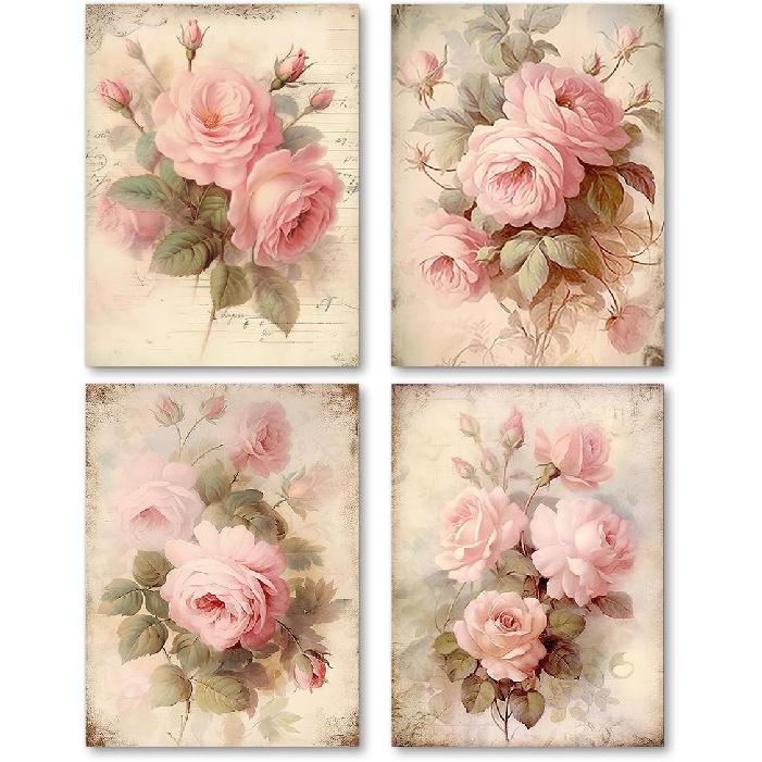 laveliabel Vintage Pink Rose Wall Art Prints Set of 4 Unframed, Floral Wall Decor, Shabby Chic Pink Floral Botanical Poster Prints for Cottagecore