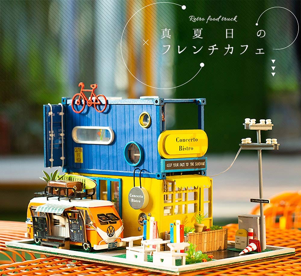 moin moin Dollhouse Miniature Handmade Kit Set French Cafe on a Midsummer Day France Retro Blue x Yellow Mobile Sales Vehicle Kitchen Car Medium Size