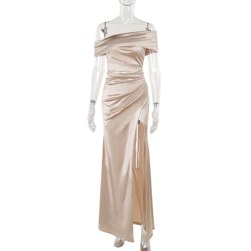 

Gown with Slit, Elegant Ladylike Style Women s Dress, Sexy Long Dress for Birthday Party, Sexy Dresses Champagne XS