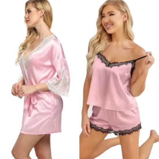 

Ночное белье Ladysta Robe с v-образным вырезом и стильный кружевной комплект нижнего белья Babydoll - короткий для женщин с топом и коротким пижамой - свободный размер (S / M / L)