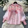 Summer Holiday Organza Gorgeous Flower 2 Piece Set Women Long Lantern Sleeve Shirt Blouse and Elastic Waist A Line Skirt Suit