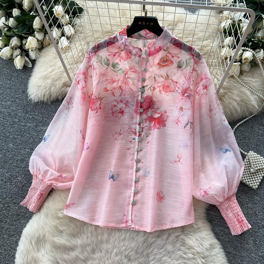 Summer Holiday Organza Gorgeous Flower 2 Piece Set Women Long Lantern Sleeve Shirt Blouse and Elastic Waist A Line Skirt Suit