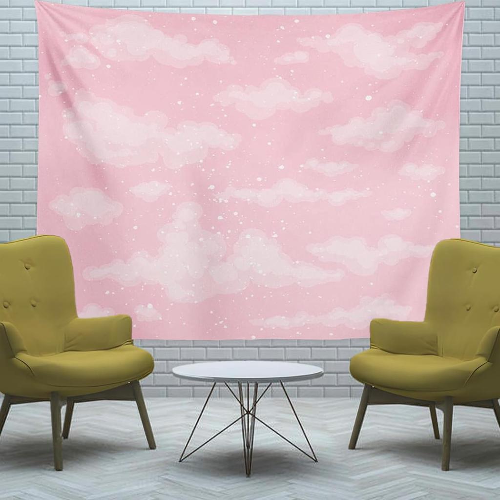 Pink Cloud Tapestry for Bedroom Decor, Aesthetic Home Decorations for Backdrop, Cute White Heaven Sky Tapestries, Wall Hanging