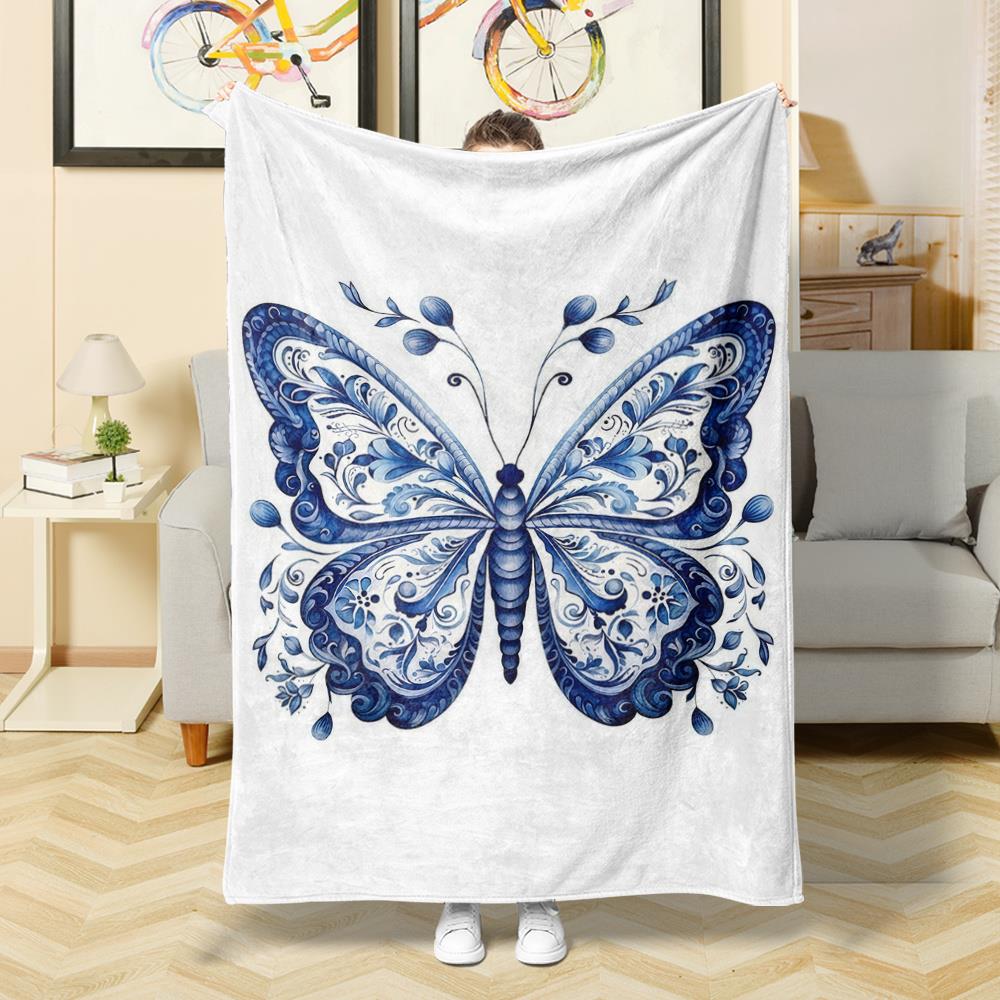 Blue Butterfly Art Print Fleece Blanket Elegant Nature Design Soft Cozy Throw Home Decor For Living Room Or Bedroom 50X60