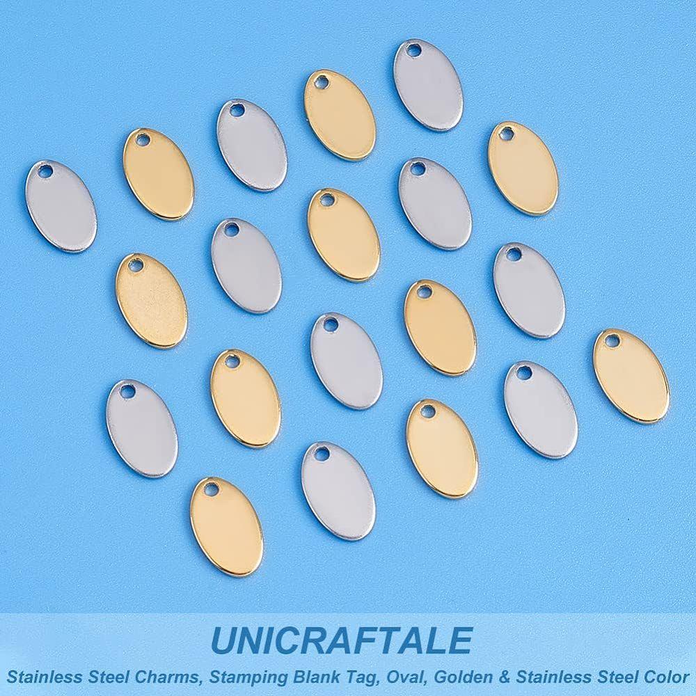 60Pcs 2 Colors 304 Stainless Steel Charms Stamping Blank Tag Oval Golden & Stainless Steel Color 12.5x7.5x1mm Hole: 1.5mm 30pcs/color