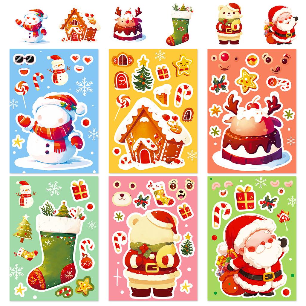 6 Christmas Cartoon Puzzles For Face Stickers, Gingerbread House Snowman Puzzle Repeated Stickers, Parent-Child Interaction Stickers