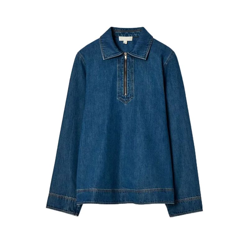 

Spring New Women s Clothing Fashion Style Standard Edition Lapel Zipper Half Placket Denim Shirt 1256718 Blue L