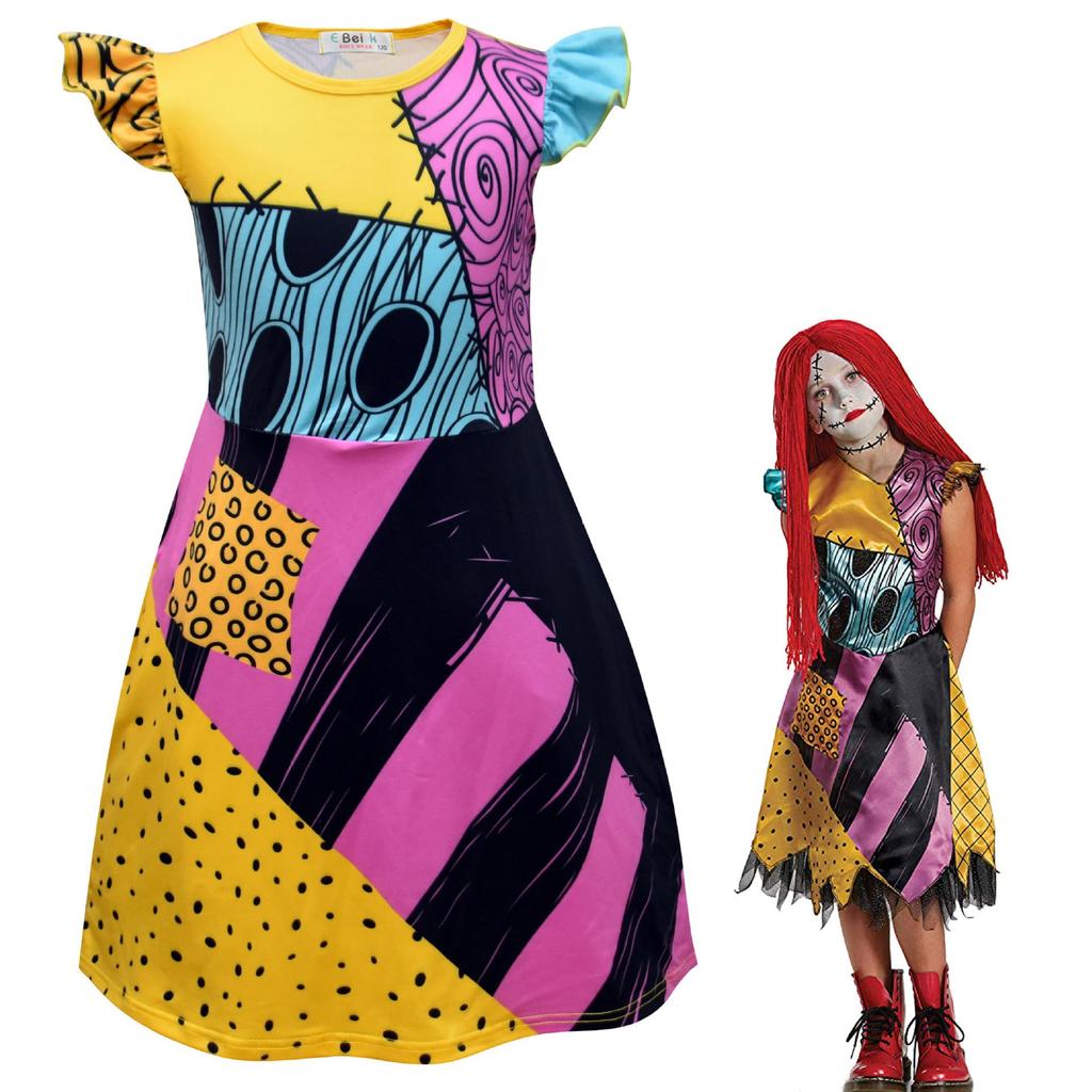 European And American Children'S Skirts Halloween Horror Night Children'S Dresses Short Ruffle Sleeves Girls Clothes Round Neck Evening Dresses