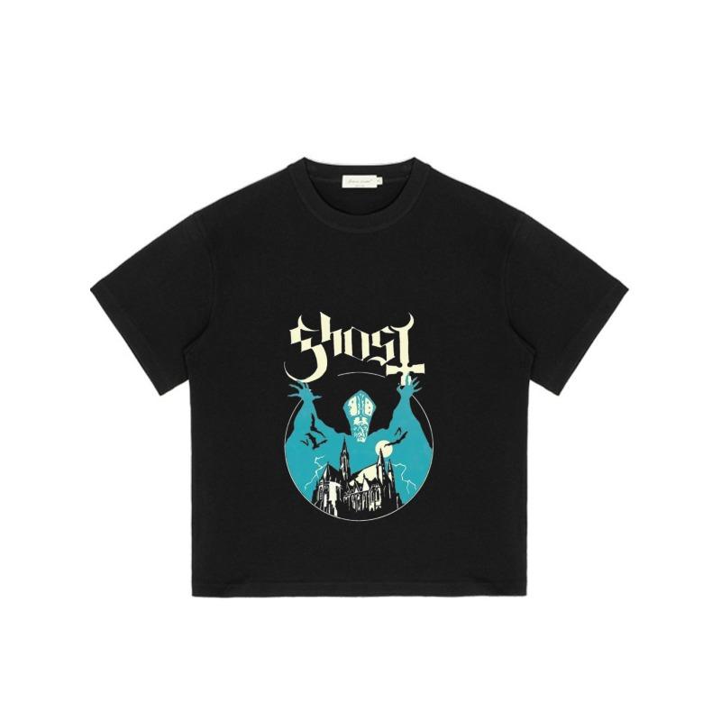 Black T-Shirt with Ghost Band Logo and Castle Design for Casual Wear