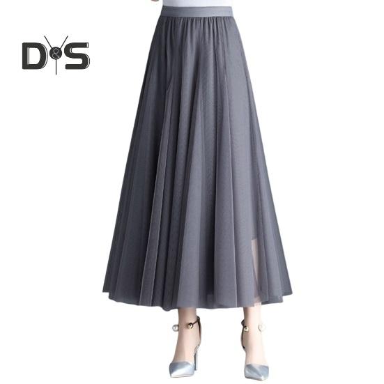 Women Midi Skirt Elastic High Waist Long Skirt with Solid Mesh Hem Solid Color A-Line Skirt Daily Wear