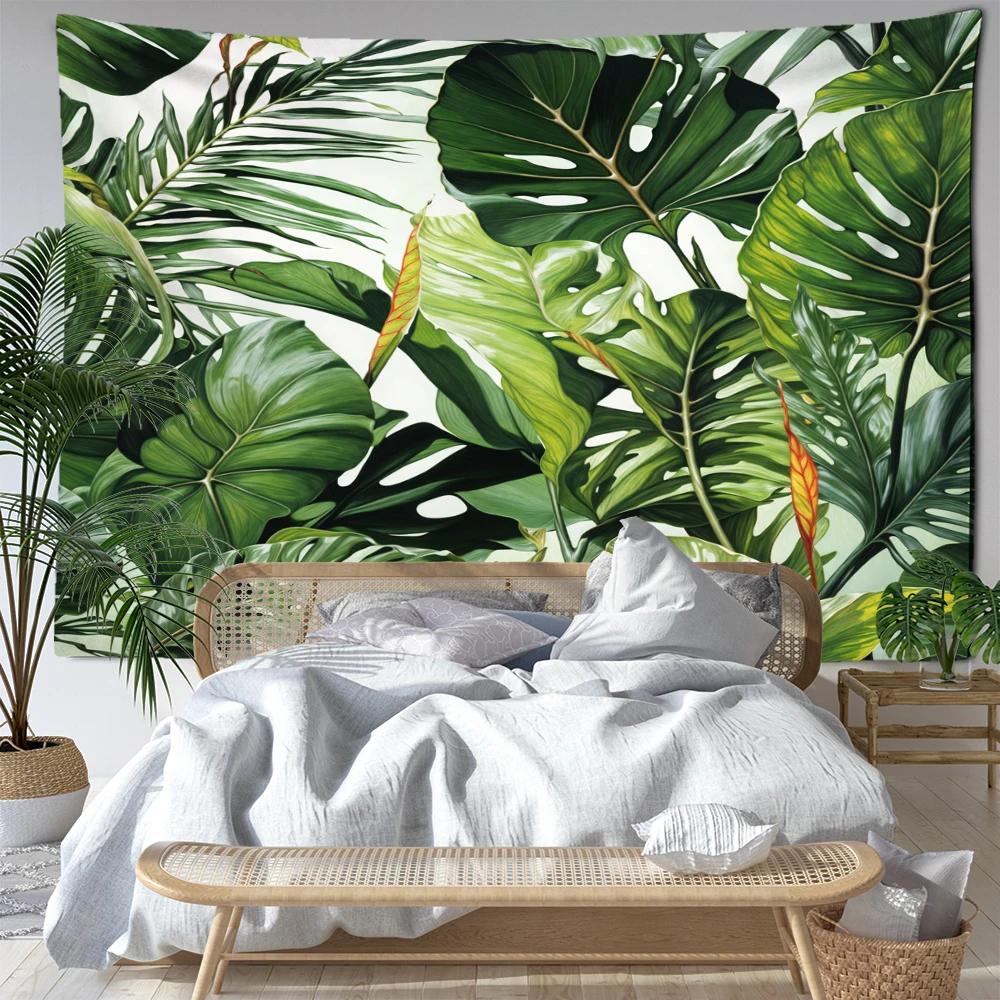 Green Palm Leaf Tapestry Wall Hanging Tropical Plants Simple Art Bohemian Hippie Bedroom Living Room Home Decor