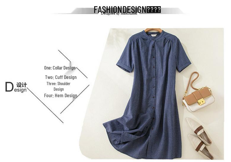 Japanese Style Blue Plaid Cotton Linen Shirt Dress for Women - Summer Short Sleeve Long Layered Design