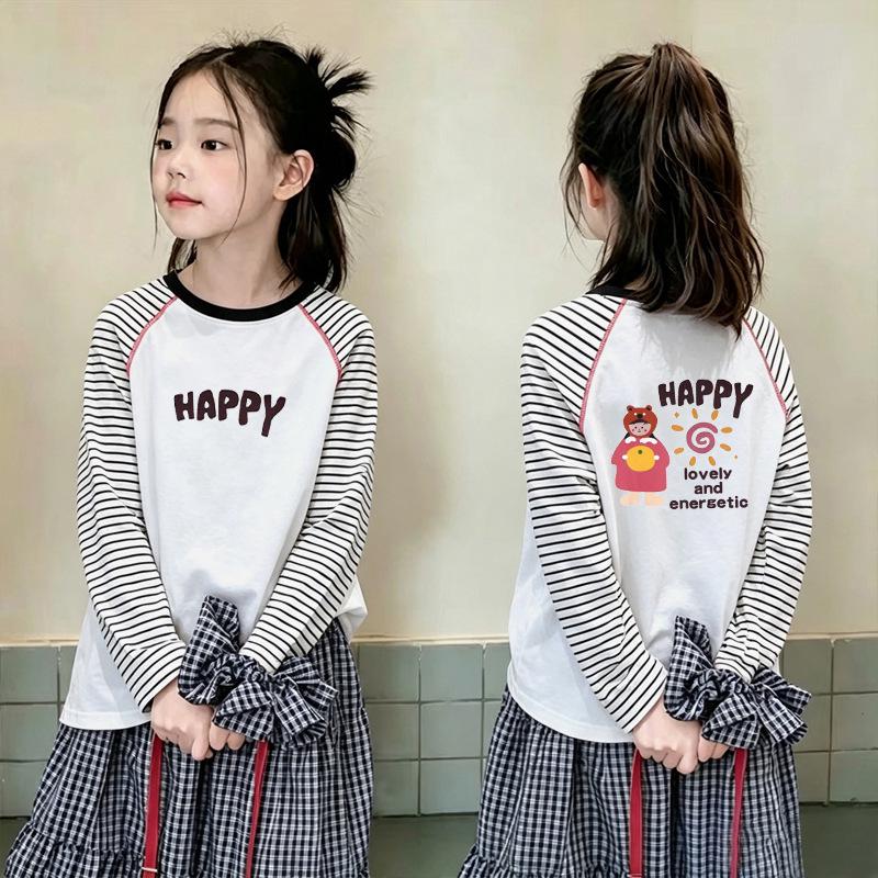 Girls' Trendy Color Block Striped Long Sleeve Cotton T-Shirt for Spring and Autumn
