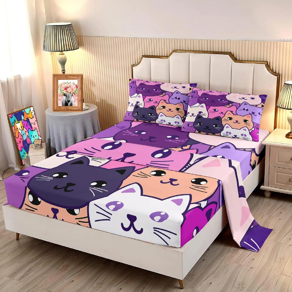 Cute Cartoon Cat Pattern Bed Hat Four-Piece Bedding Set Bedroom Dormitory Bedding Decoration