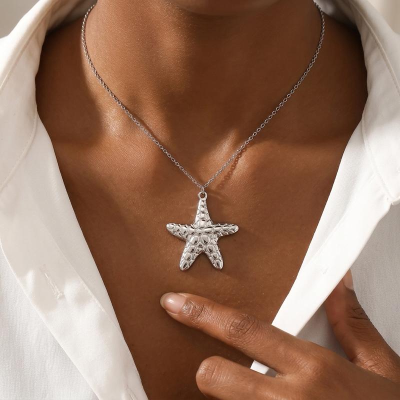 Stainless Steel Starfish Conch Necklace for Women Delicate Vintage Hammered Cross Pendant Necklace Casual Versatile Jewelry Gift