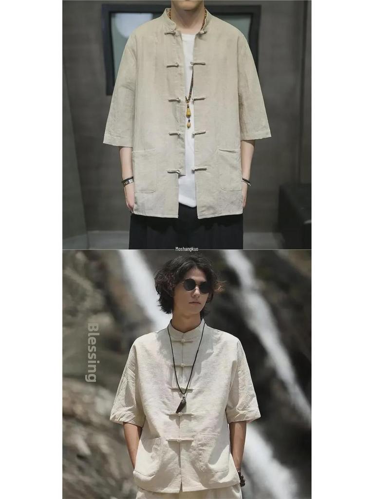 Men's Retro Linen V-Neck Short-Sleeve T-Shirt