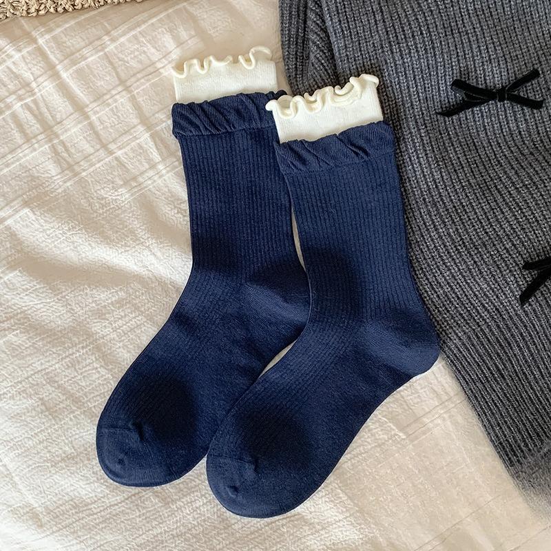 

Осенне-зимние носки: Носки женские до середины икры в горошек и полоску, милые черные носки-гольфы с отделкой в виде ушек 1 pair