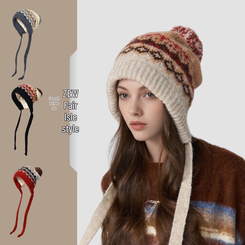 Women's Fair Isle Pompom Knitted Hat - Retro Jacquard Wool with Ear Protection for Winter Warmth
