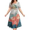 Marble Landscape Printed Women's Clothing Summer Short Sleeve Elegant Party Dresses Round Neck Short Sleeve Blue Premium Dress