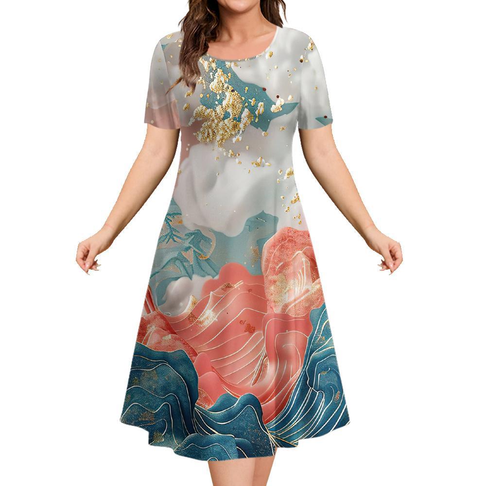 Marble Landscape Printed Women's Clothing Summer Short Sleeve Elegant Party Dresses Round Neck Short Sleeve Blue Premium Dress