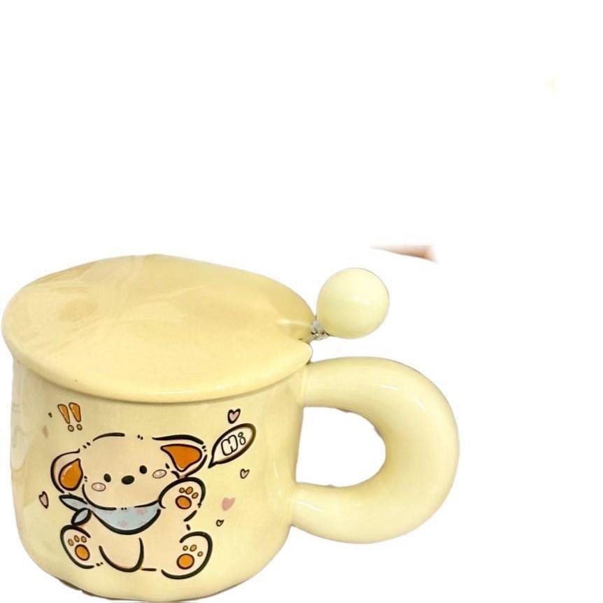 Brödbjörnmugg med lock och sked Tecknad Söt Keramisk Kopp för Flickor Hemma Stor Kapacitet Högt Värde Vattenkopp