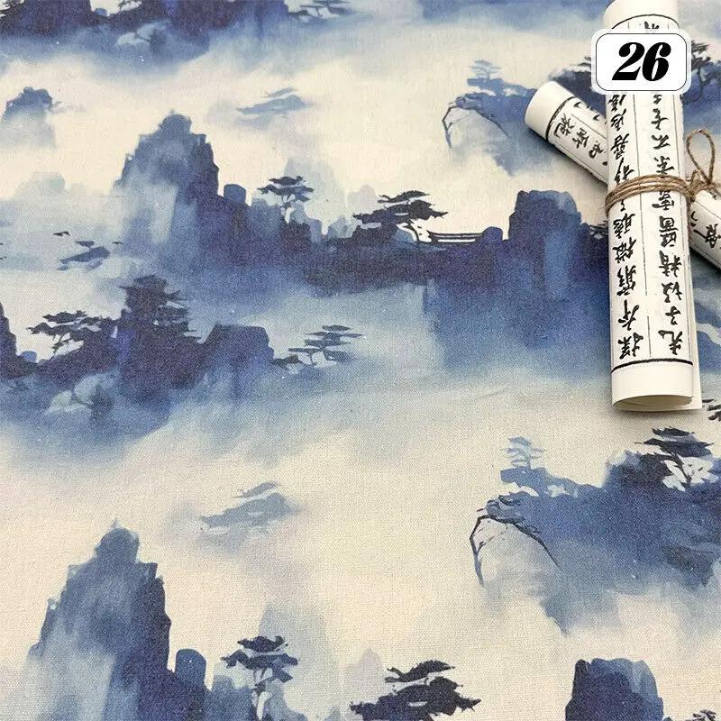 Bomull Linne Tyg Kinesisk Stil Retro Tryckt Klänning Hanfu Sömnad Hantverk DIY Cheongsam Klänning Hanfu Sömnadstyg Kläder Försörjning