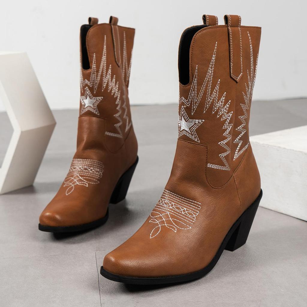 Autumn Winter High Tube PU Leather Martin Boots For Women Cross-Border Large Size Middle High Heel Star Pattern Pointed Boots Shoes 35-42