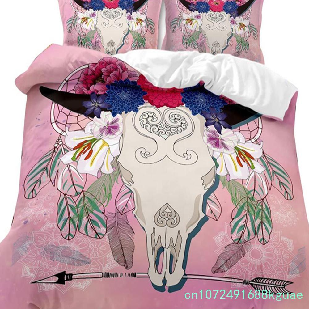 Farm Animal Duvet Cover Set Single King Queen Bohemian Mandala Bedding Set Microfiber Deer Bull Head Cow Skull Comforter Cover
