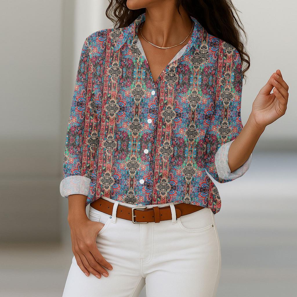 Women's Shirt With Floral Print Buttons, Long Sleeved Casual Regular Shirt  Blouses Casual Plus Size Basic Tops