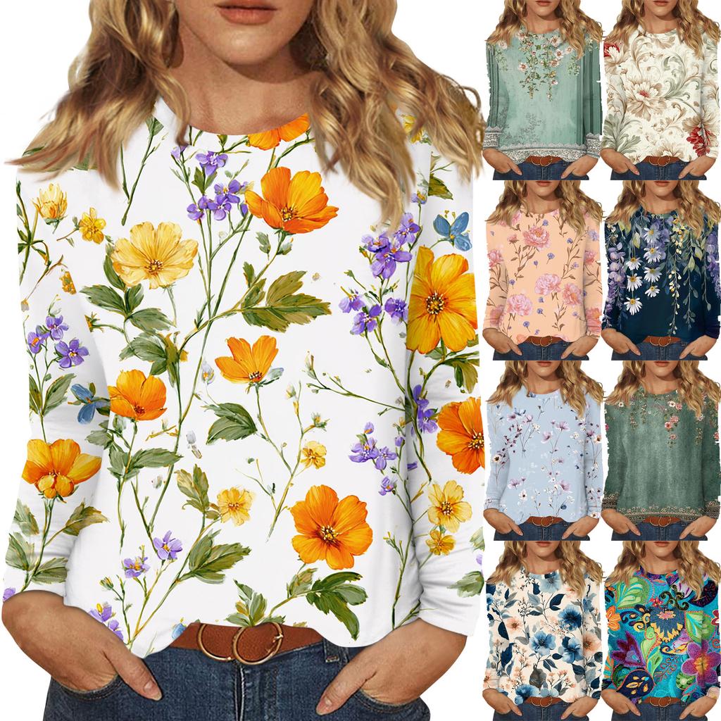 Dámská móda Květinový potisk Krk Dlouhý rukáv Pulovr Top