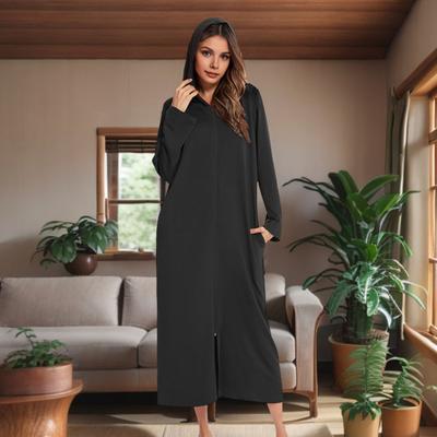 Camicia da notte da donna con zip, maniche lunghe, ampia, monocolore, con tasche, lunghezza a metà polpaccio