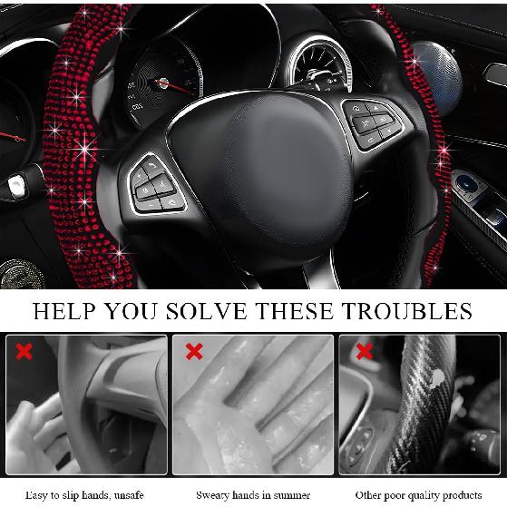 2PCS Steering Wheel Cover, Sparkling Rhinestone Segmented Steering Wheel Protector Fit 14-15.6 Inch, Non-Slip Wheel Wrap Cover Bling Car Interior