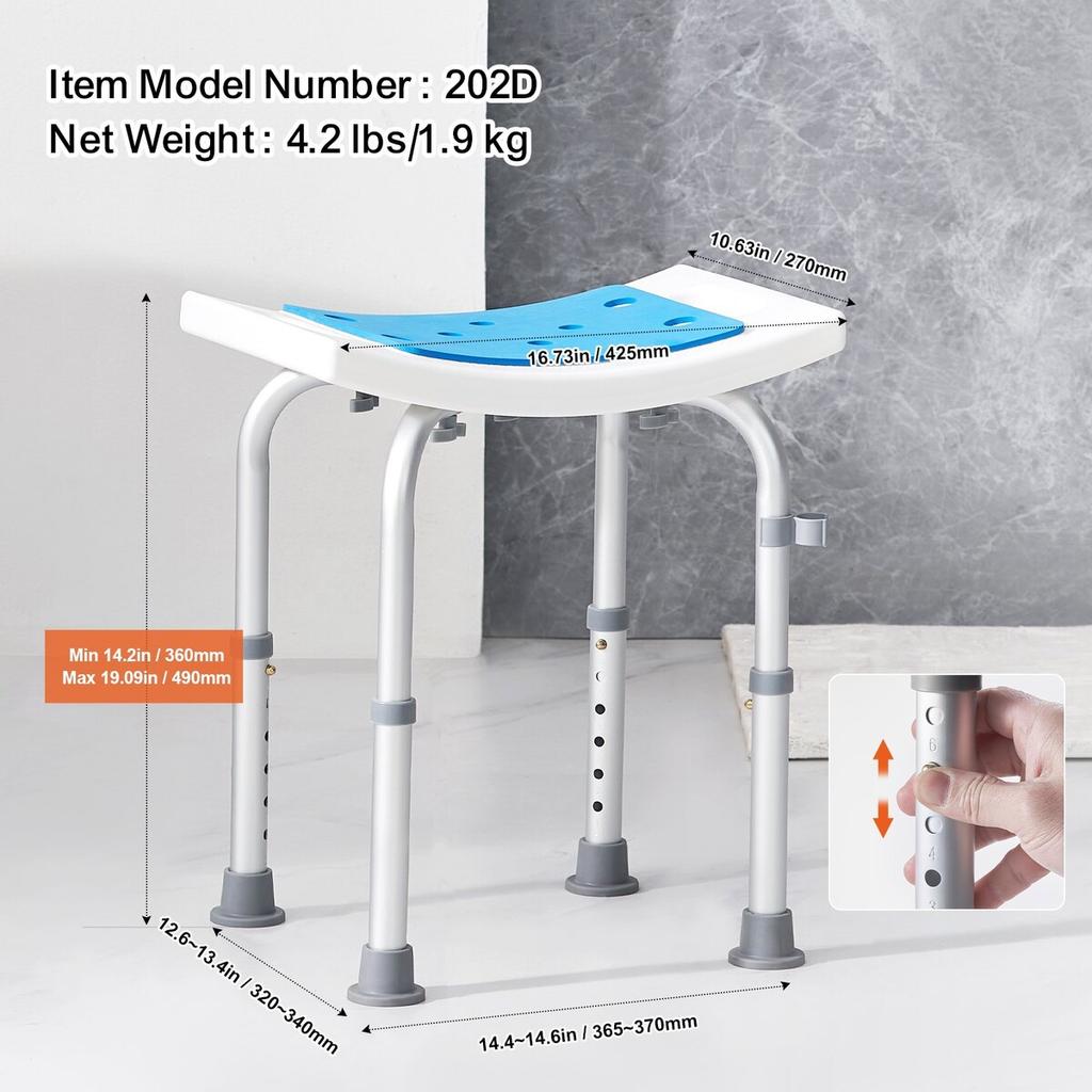 Duschhocker, höhenverstellbarer Duschhocker, Duschsitz für die Dusche oder Badewanne, rutschfester Hocker für ältere, behinderte Menschen,